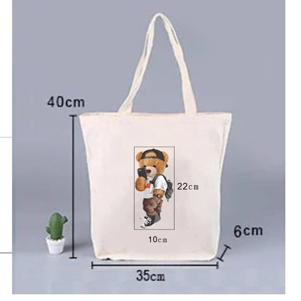 NWOT - Cute Teddy Bear in White T-shirt Canvas Tote Bag